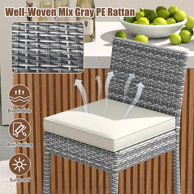 COSTWAY Outdoor Wicker Bar Stools Set of 2, Footrest and Backrest, Rattan - Image 6