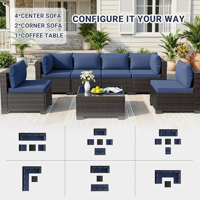 LEVELEVE 7 Pieces Outdoor Patio Furniture Sets, Rattan Conversation Sectional - Image 3