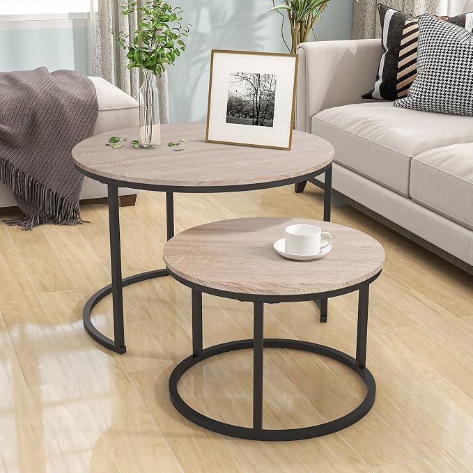 HOJINLINERO Round Coffee Table, Nesting Coffee Table Set of 2, Center Tables - Image 4