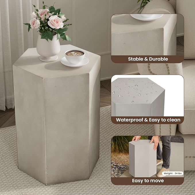 COSIEST Concrete Accent Table, Hexagon Patio Side Table 14.5''Wx20''H, Modular - Image 5