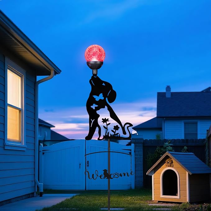Solar Dog Light Outdoor Decorative, Metal Black Dog&Cat Silhouette Solar Garden - Image 3