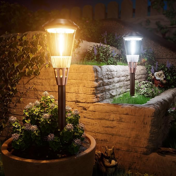 Bright Solar Lights Outdoor 6 Pack, 2-in-1 Warm&Cool Solar Pathway Lights by BITPOTT
