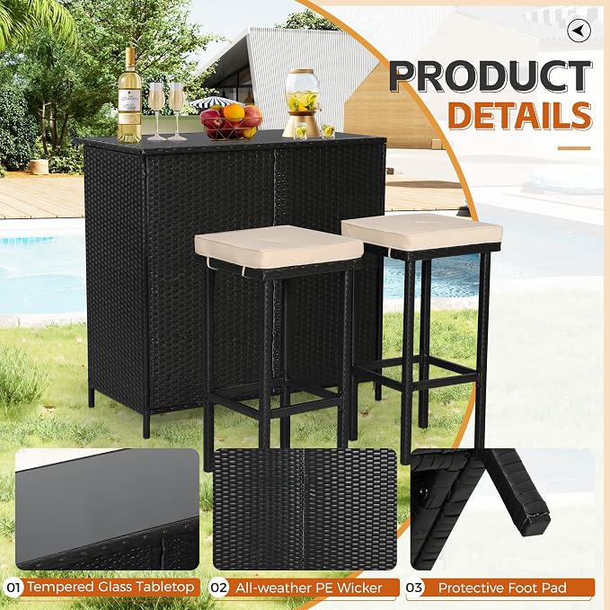 3-Piece Patio Outdoor Bar Set - Image 4