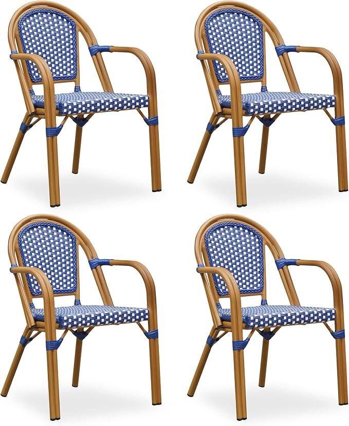 PURPLE LEAF French Bistro Armchairs Set of 4 Hand-Woven Wicker Rattan by PURPLELEAF