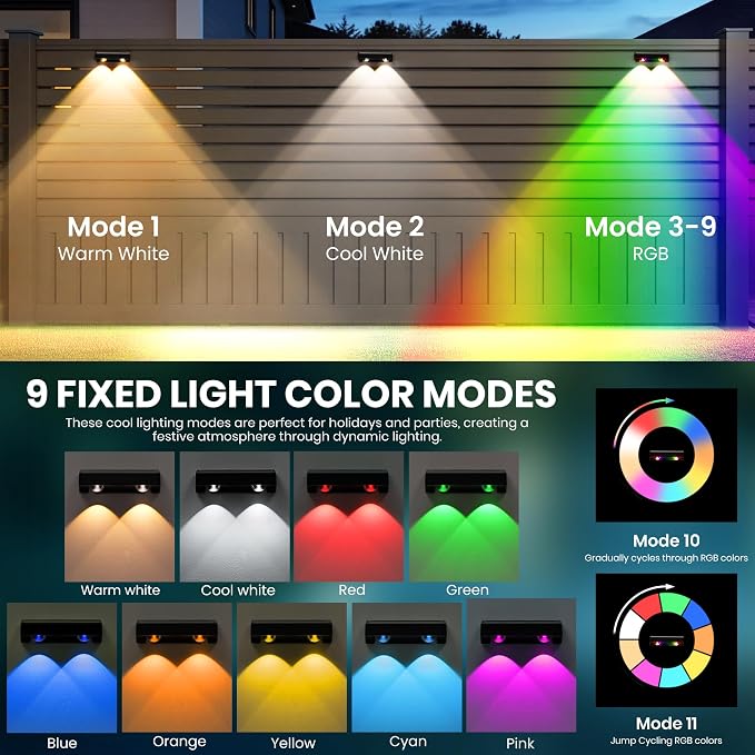 Solar Fence Lights Outdoor, Solar Wall Lights 9 Fixed Colors ＆ Color Changing - Image 3