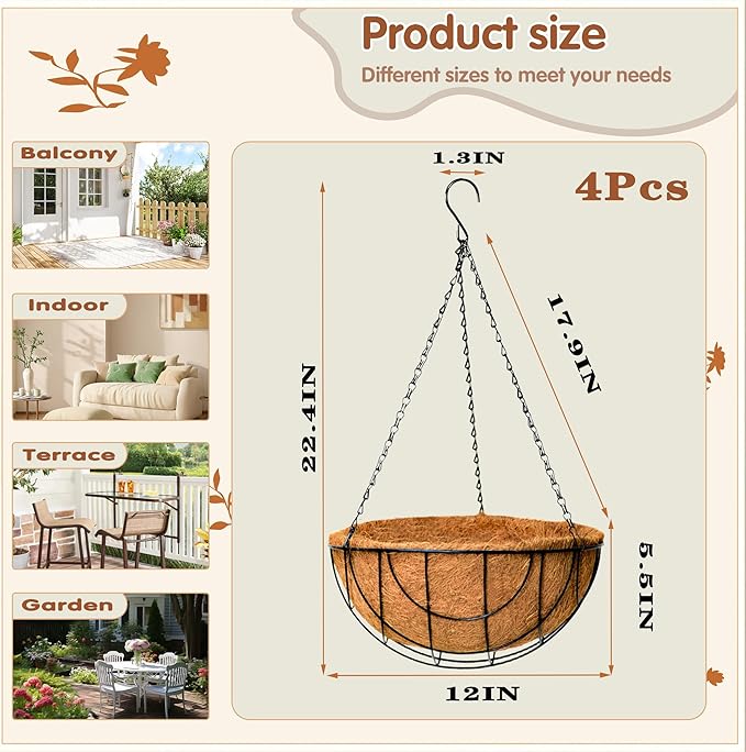 12 inch Metal Hanging Baskets for Plants Outdoor 4 Pack Round Metal Wire - Image 5