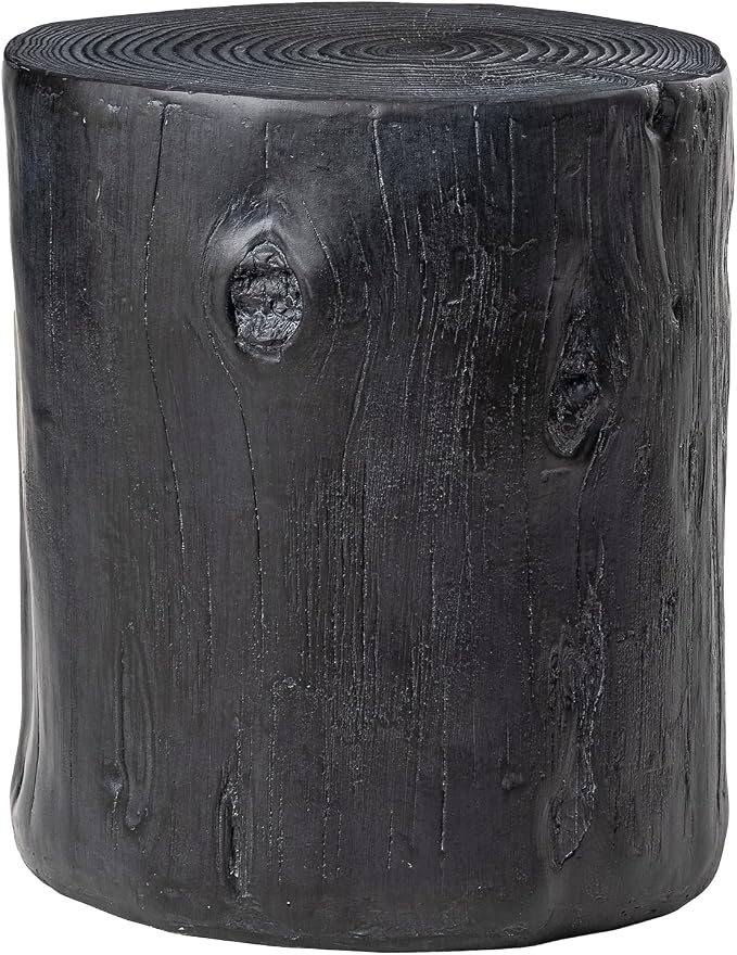 COSIEST Outdoor End Table Black Colored Faux Wood, Hand-Painted Wood Stump Stool by COSIEST