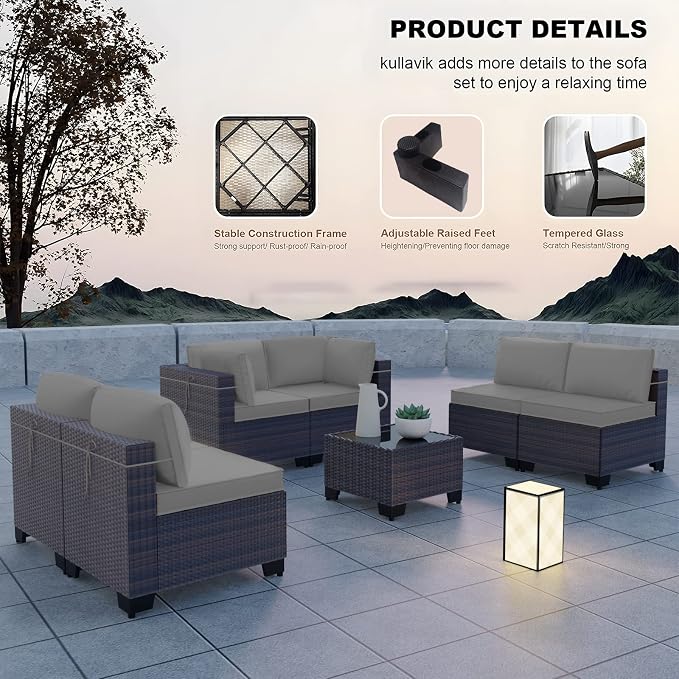 Kullavik 7 Pieces Outdoor Patio Furniture Set, Sectional Rattan Sofa Set Brown - Image 5