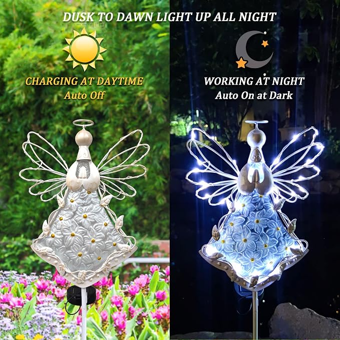 38Inch Angel Solar Lights Outdoor Decorative-Metal&Glass Angel Hydrangea Flower - Image 2