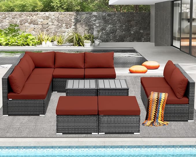 NICESOUL 11 Piece L Shape Patio Furniture Set, 29.3'' High Back Comfy Rattan - Image 2