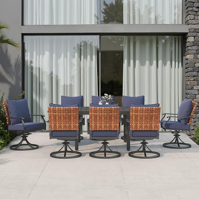 Grand patio 9-Piece Outdoor Dining Set, 8 Leather-Look Wicker Blue Swivel Patio - Image 2