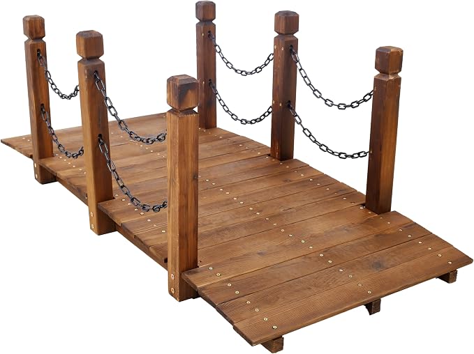 5FT Wooden Garden Bridge with Chain Handrails, Decorative Landscape Footbridge - Image 6