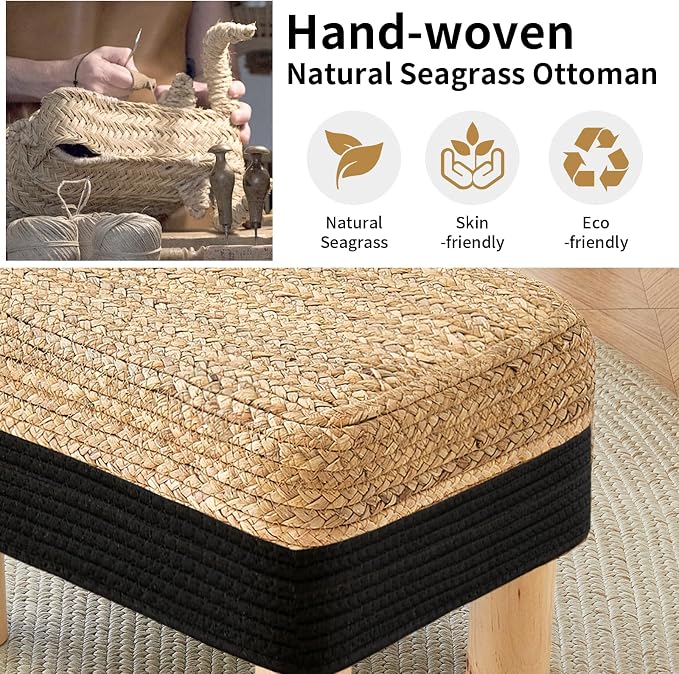 Ottoman Foot Stool Rectangular Footrest Natural Seagrass Footstool - Image 6