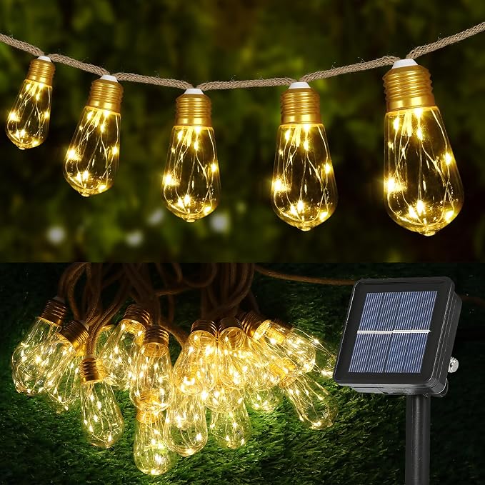Solar String Lights, 24FT Vintage Rope Hemp Solar Outdoor String Lights by Qulist