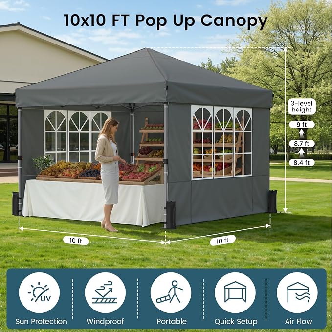 Pop Up Canopy Tent with Sidewalls, 10x10ft 10 Person Party Tent One Push Setup - Image 2