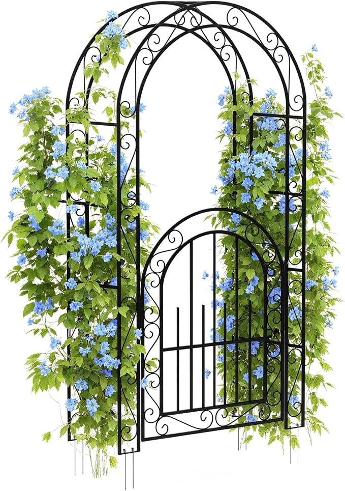 8FT Garden Arch with Gate, Heavy-Duty Metal Wedding Arbor Trellis - Image 2