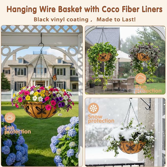 Metal 10 inch Round Planter, 4 Pack Hanging Wire Basket - Image 3