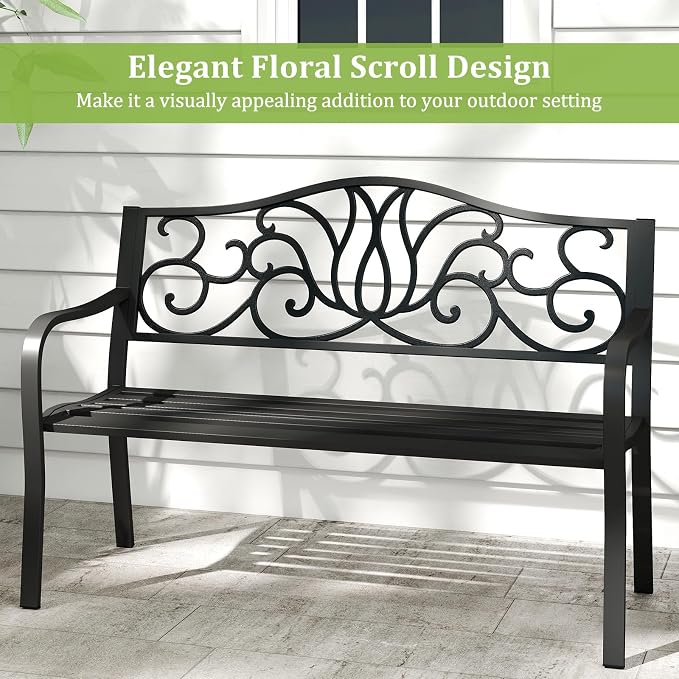 Tangkula 50 Inches Outdoor Garden Park Bench, Cast Iron Metal Front Porch - Image 9