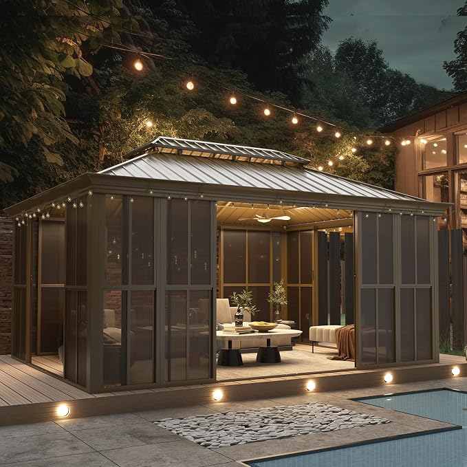 EROMMY 12' X 16' Hardtop Sunroom, Galvanized Steel Double Roof Gazebo Solarium by EROMMY