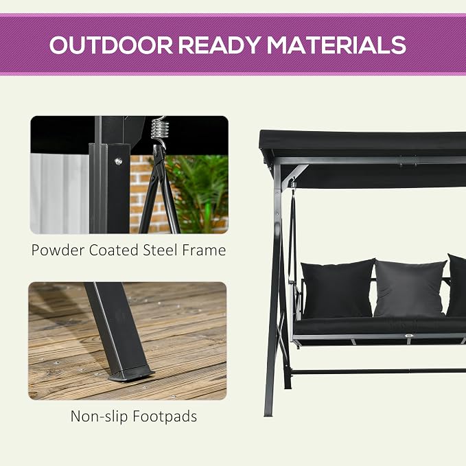 Outsunny 3-Seat Patio Swing Chair, Porch Swing Glider - Image 5