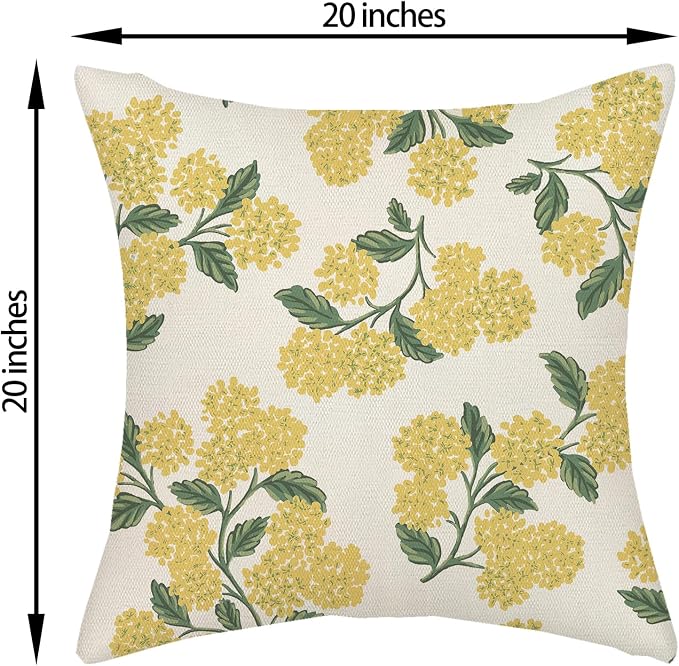 Mustard Yellow Spring Pillow Covers 20x20 Inch 2 Pcs Green Hydrangea Flower - Image 6