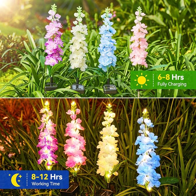 KOOPER Solar Lights Outdoor Garden Decor, 4 Pack Upgraded Delphinium Solar - Image 3
