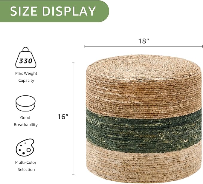 Wimarsbon 18'' Ottoman Pouf, Natural Braided Poof, Rustic Handweave Lounge - Image 3