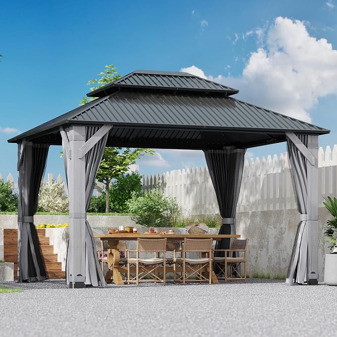 10'x12' Hardtop Wood Gazebo, Outdoor Double Roof Galvanized Steel Top Gazebo - Image 2