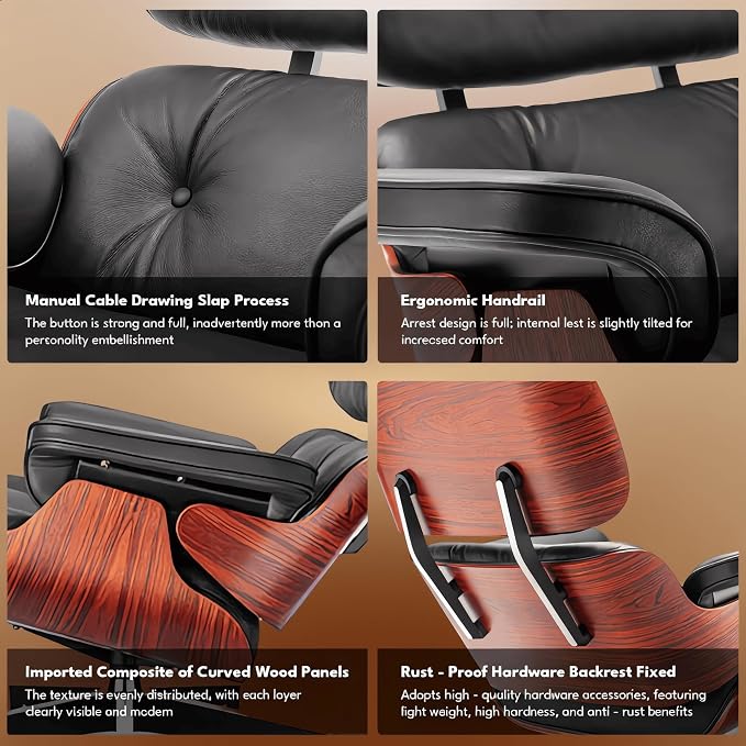 Top Black Grain Leather, Mid Century Chaise Lounge Chair and Ottoman, Modern - Image 8
