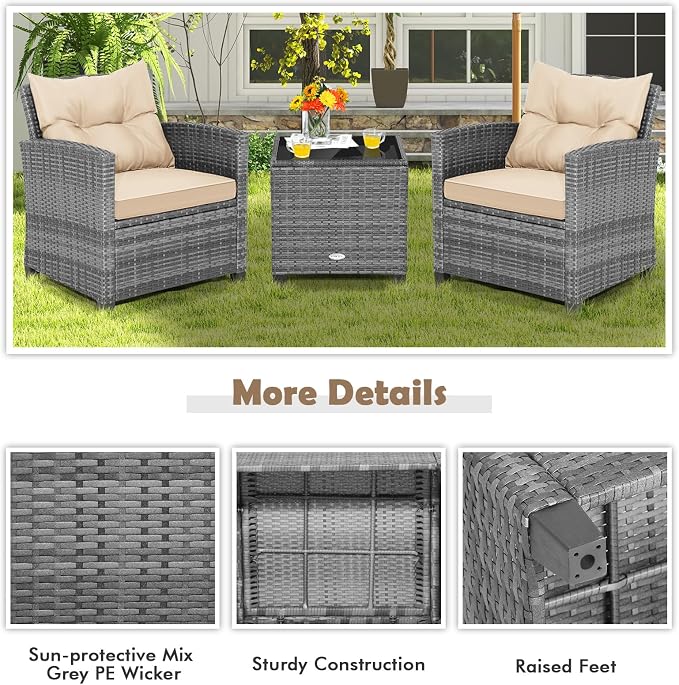 Tangkula 3 Pieces Wicker Patio Furniture Set, Outdoor Rattan Conversation - Image 9