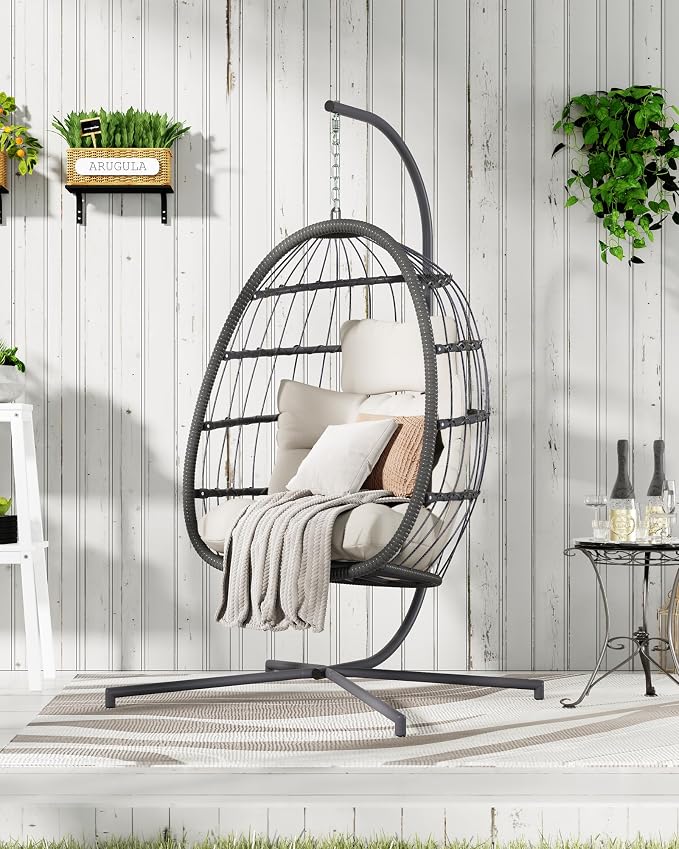 HWB Hanging Egg Chair with Stand, Patio Wicker Egg Swing Chair with Cushion - Image 2