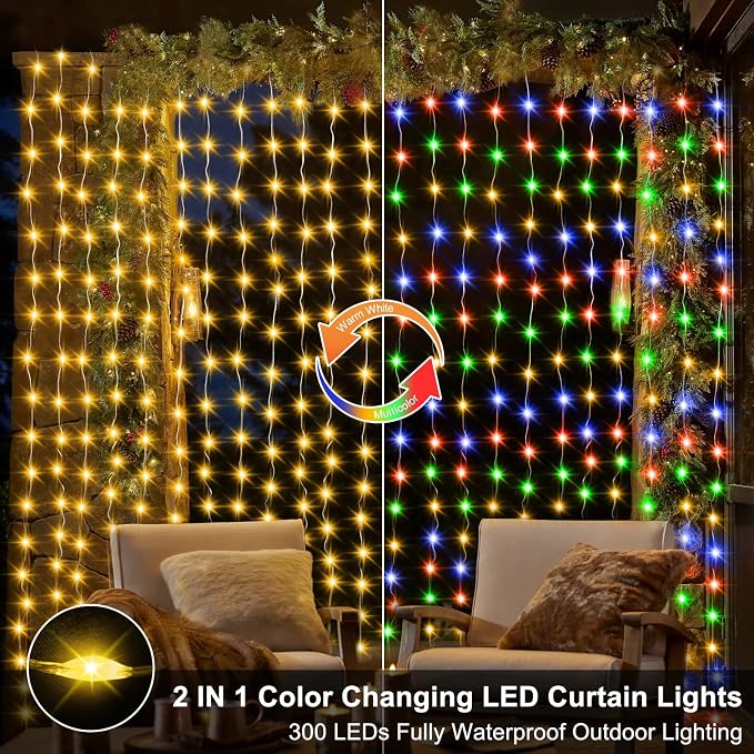 ZAIYW 10x10Ft Curtain Lights Connectable Warm White & Multicolor Changing 300 - Image 2