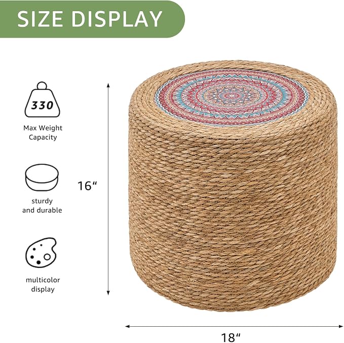 Wimarsbon Round Pouf Ottomans, Handwoven Natural Water Hyacinth Seagrass Pouffe - Image 3