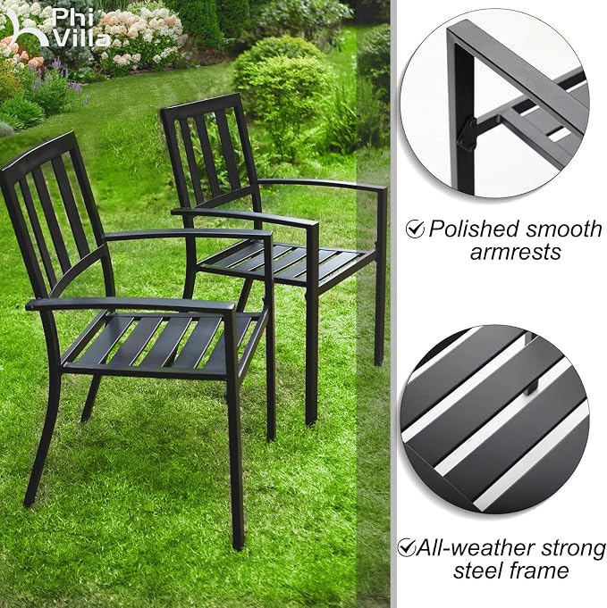 PHI VILLA 3 Piece Outdoor Patio Bistro Dining Set, Slatted Metal Round Table & - Image 7