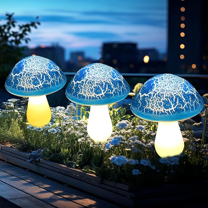 Solar Mushroom Lights Garden Decor 8 Blue Crack Mushrooms Outdoor Decor Stake - Image 3