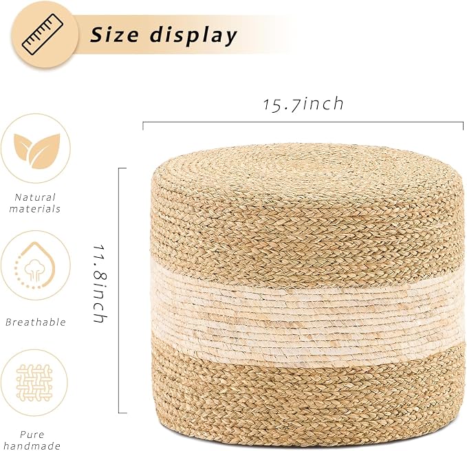 Handwoven Seagrass Ottoman Pouf, Round Outdoor Footstool - Image 3