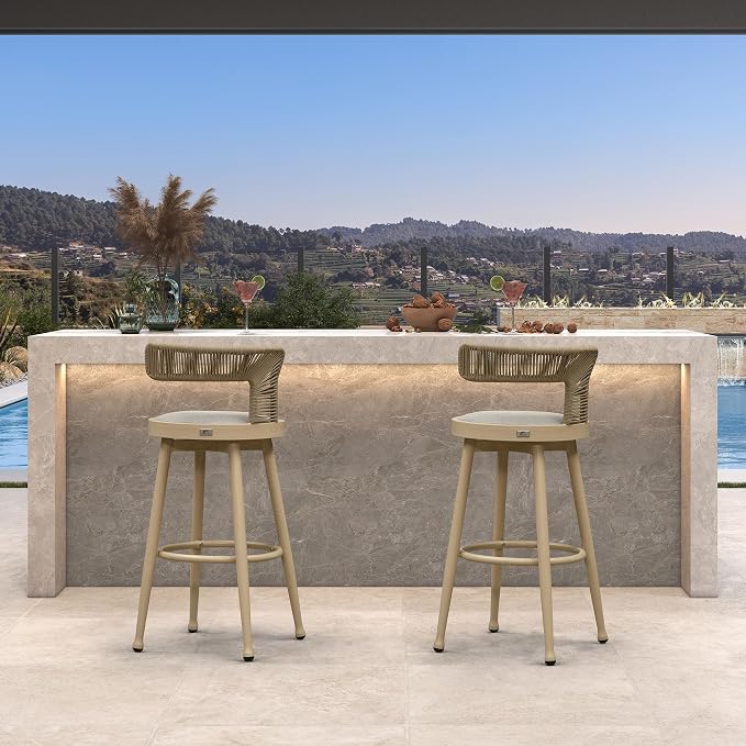 PURPLE LEAF Outdoor Swivel Bar Height Stools Set of 2 Metal Modern Wicker Bar - Image 3