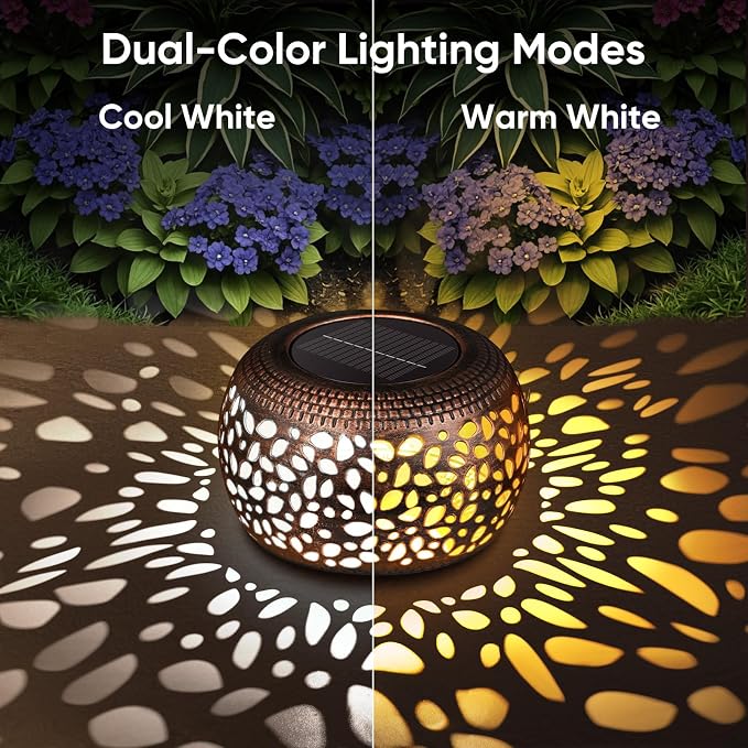 Solar Lanterns Outdoor Waterproof Decor: 2 Pack Red Copper Hollow Out Retro - Image 3