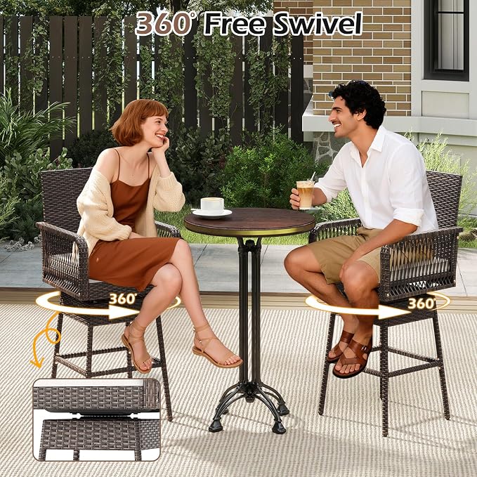 ORALNER Outdoor Wicker Swivel Bar Stools Set, Footrest & Seat Cushion, Metal - Image 4