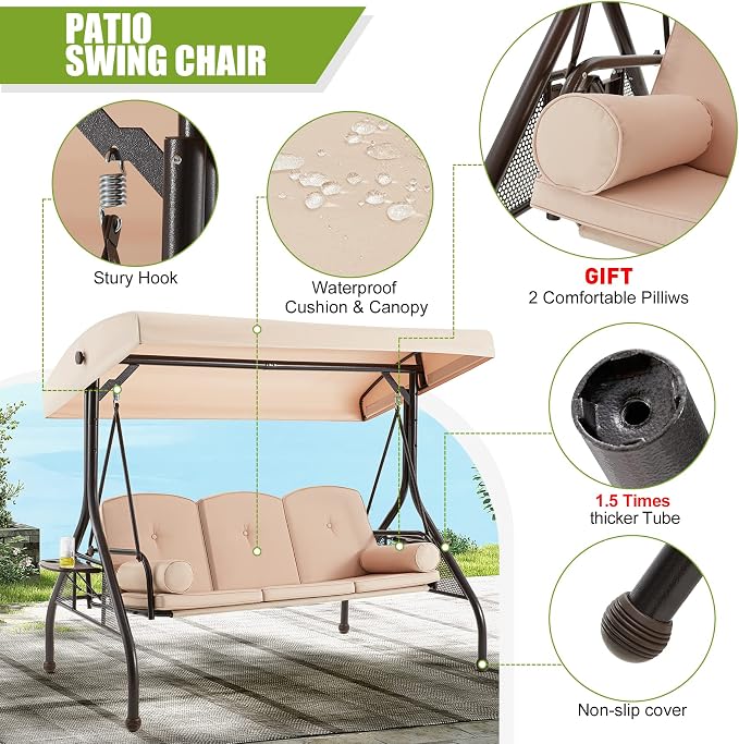 GYUTEI 3-Seat Patio Swing with Canopy, Outdoor Porch Swing with 1.5" Upgraded - Image 5