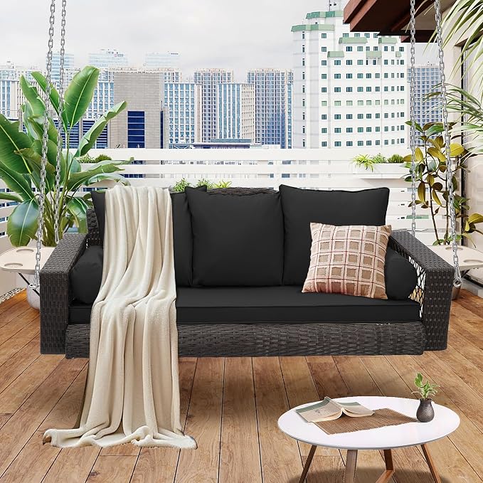 3-Person Hanging Porch Swing, Outdoor Wicker Chair, 76inch Bench - Image 6