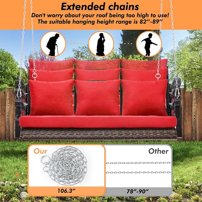 Heavy Duty 900 LBS Porch Swing Chair 3-Person Outdoor Rattan Patio Swing Lounge - Image 5