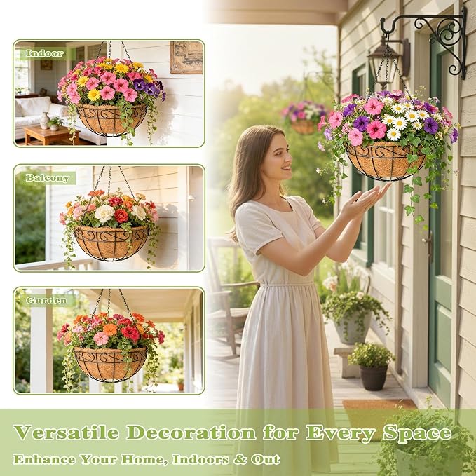4 Pack 12 Inch Hanging Baskets for Plants Outdoor Metal Hanging Planter Hanging - Image 3