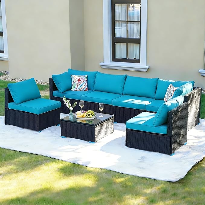 7 Piece Outdoor Patio Furniture Sets, Turquoise Patio Sectional Furniture by NagaBahna