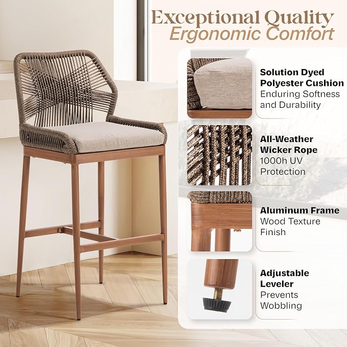 IDZO Boho Rope Bar Stools Set of 2, 400lbs Capacity, Cushions & Ergonomic - Image 3
