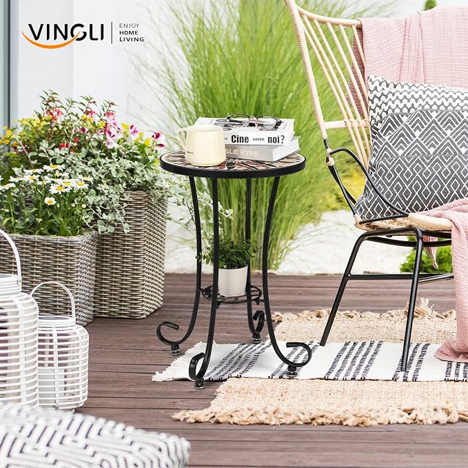 VINGLI Mosaic Outdoor Side Table, Accent Table, Ceramic Tile Top Black Iron - Image 8