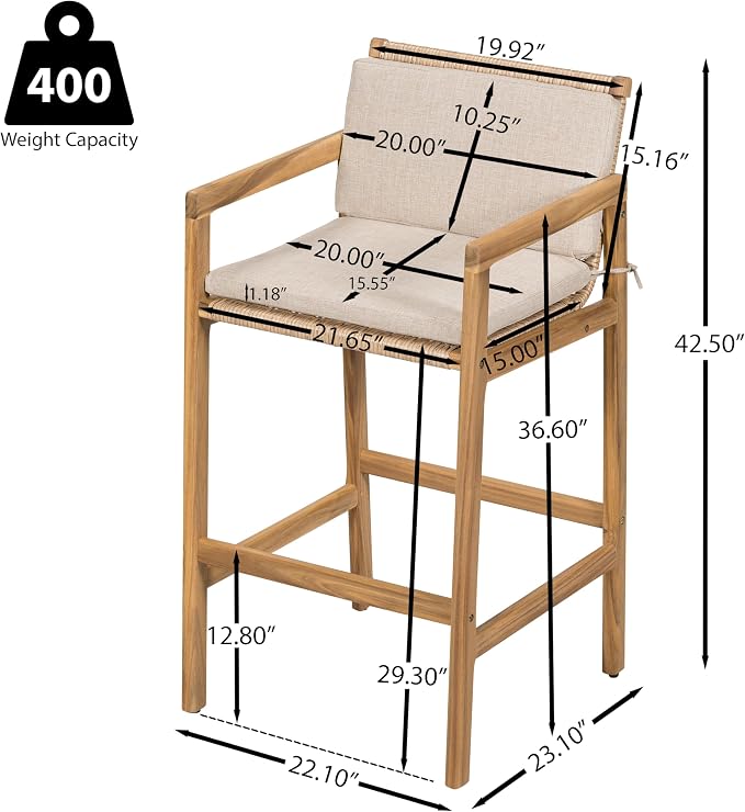 Merax Outdoor Bar Stools Set of 2, Wicker Woven Barstools, Acacia Wood Counter - Image 2