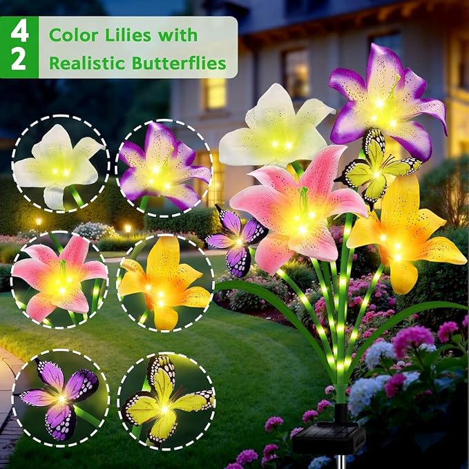 6 Pack Solar Garden Lights LED Solar Lilies Flower Lights, Yard Patio Pathway - Image 2