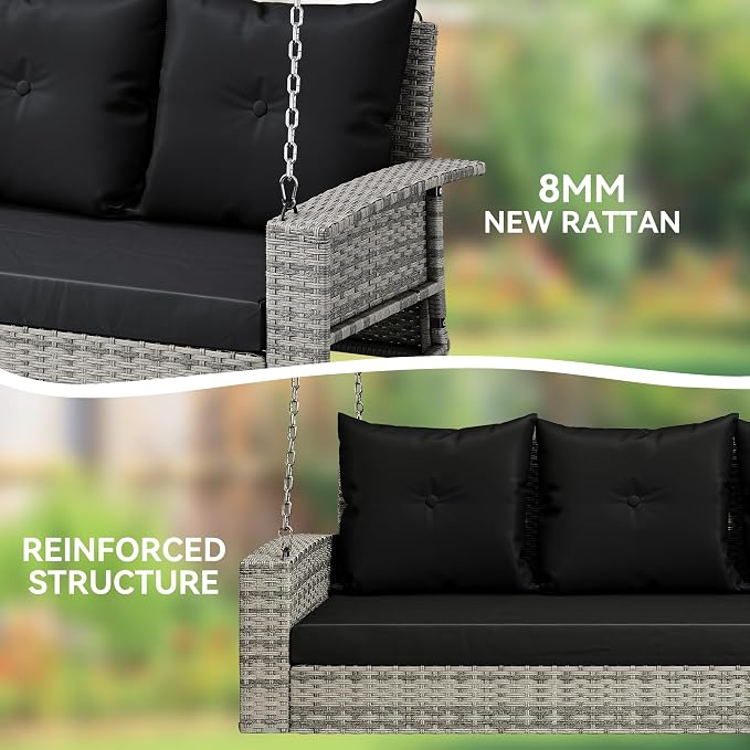YITAHOME 3-Seats Outdoor Hanging Porch Swing Chair Rattan Black Wicker Patio - Image 5
