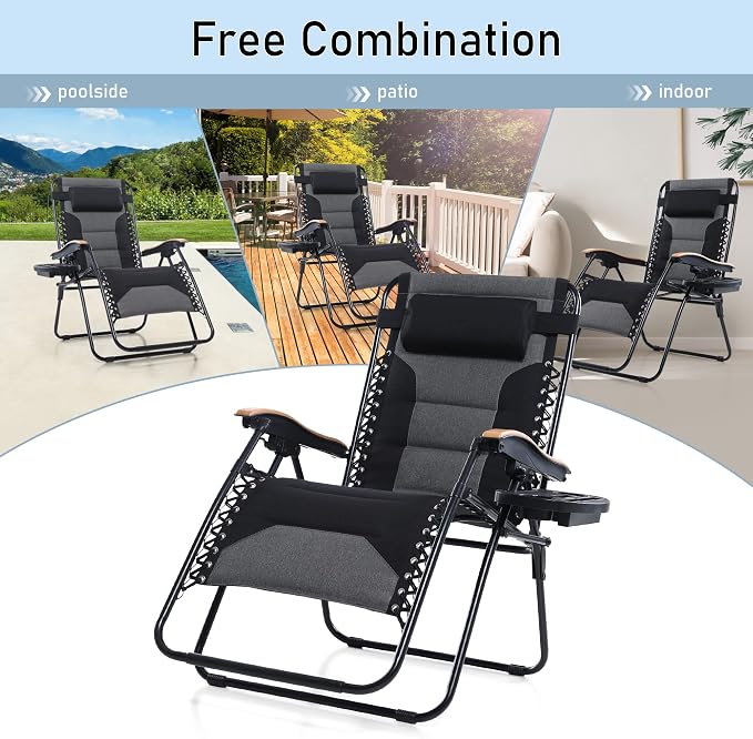 PHI VILLA XXL Oversized Padded Zero Gravity Chair Set of 2, Foldable Patio - Image 7